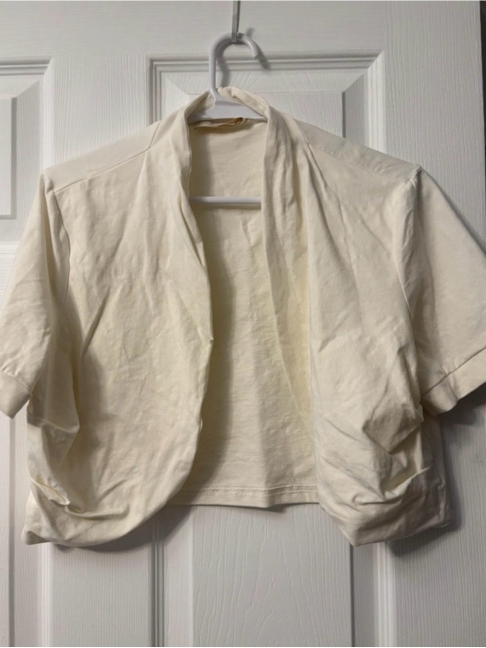 Cream Short-Sleeve Open Front Cropped Cardigan